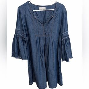 Max Studio Blue Bohemian Chambray Denim Midi Dress. Peplum Sleeve. Size Large